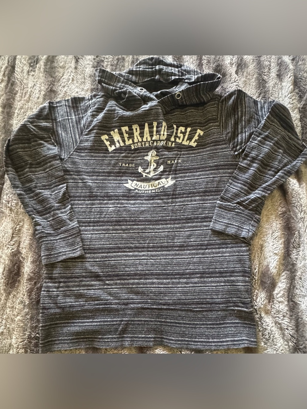 Emerald Isle  Gray Striped Hooded men's long sleeve with Nautical Print Sz Small